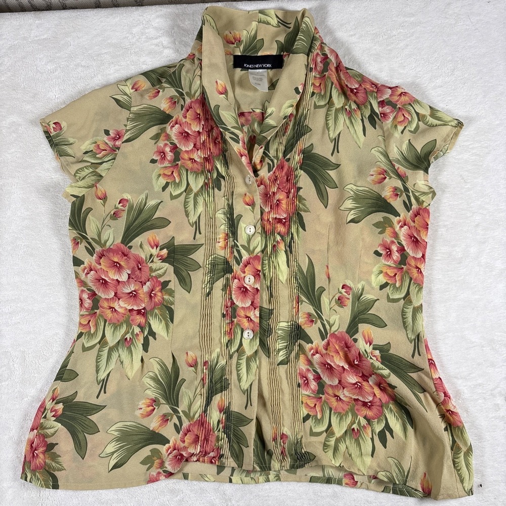 Jones New York Vintage Floral Blouse Size 8 Pink Green Tropical Pintuck Pleated